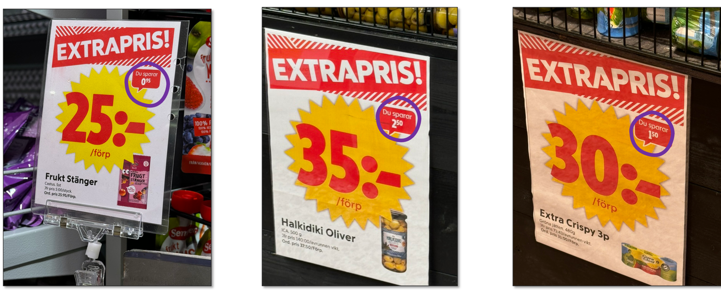 Tre extraprisskyltar med mycket små rabatter