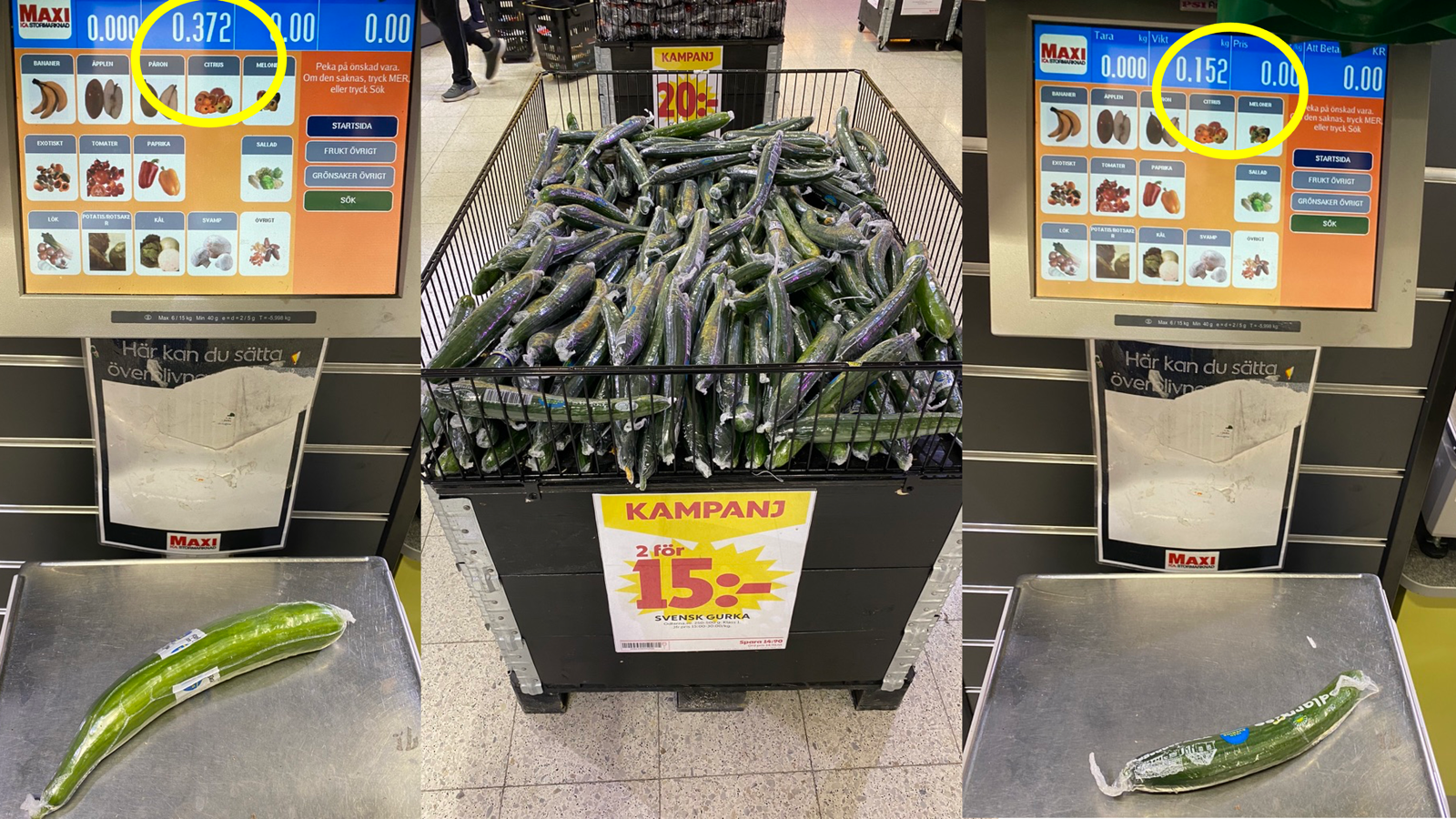 Samma kampanj 2 för 15 kr på gurkor med stor skillnad i vikt